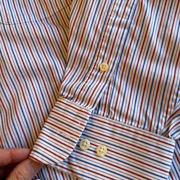 3/$15 CHAPS MENS DRESS SHIRT WHITE w/BLUE/RED STRIPES WRINKLE FREE 17-1/2x36/37 - Picture 6 of 9